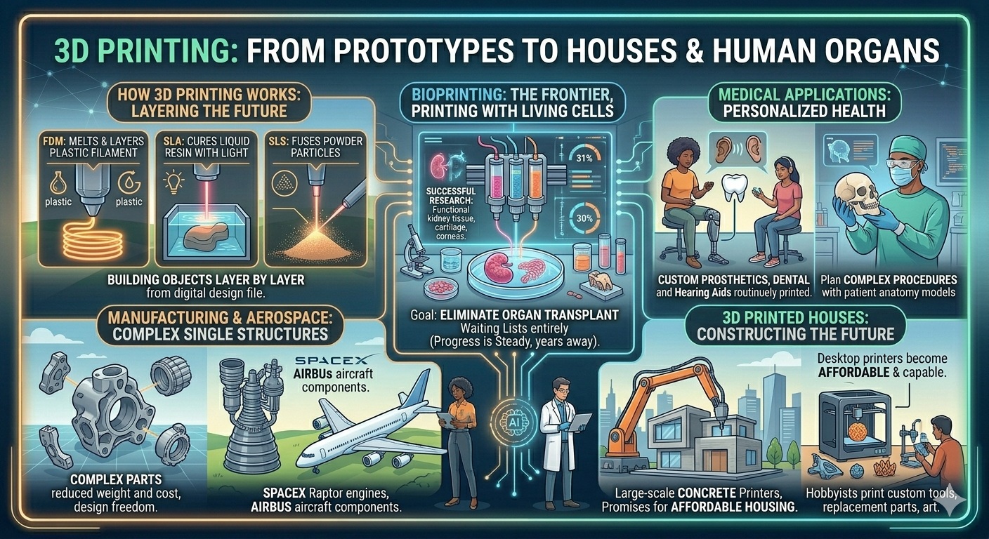 3D Printing: From Prototypes to Houses and Human Organs